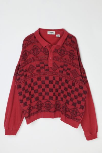 Vintage 90s Red & Black Patterned Knit Button-Collar Sweater