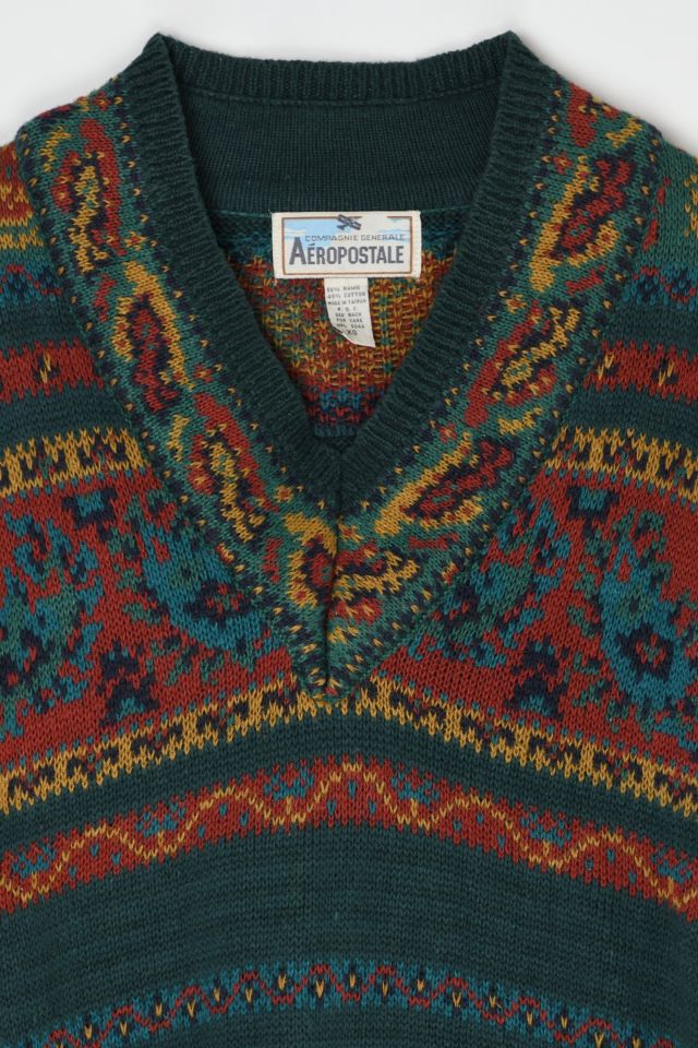 Vintage Aeropostale Dark Green Patterned V-Neck Sweater #1