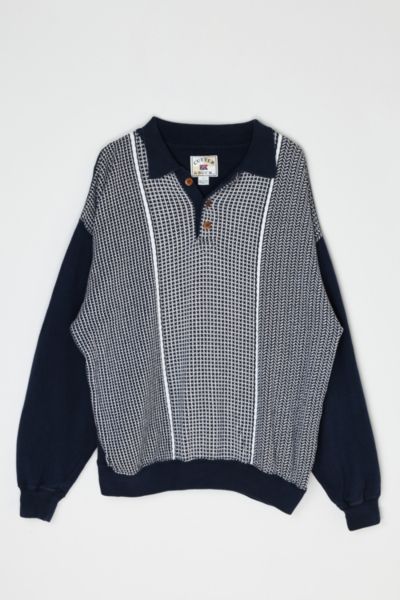 Vintage 90s Navy &  White Button-Collar Sweatshirt