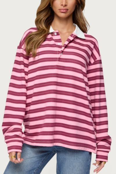 Edikted Maureen Striped Polo Sweatshirt In Pink, Women's At Urban Outfitters In Pink