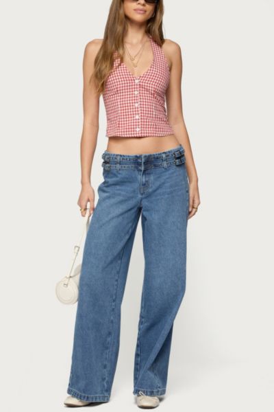Edikted Livia Double Belted Low Rise Wide Leg Jeans In Blue