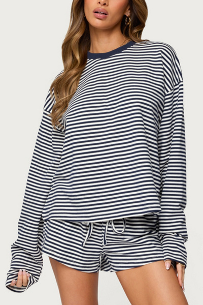 Edikted Jainee Striped Long Sleeve T Shirt In Navy, Women's At Urban Outfitters In Black