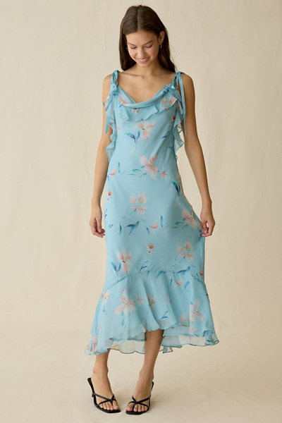 ASTR The Label Nissa Ruffle Tie-Strap Midi Dress | Urban Outfitters