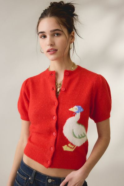 Kimchi Blue Kate Goose Motif Puff Short Sleeve Cardigan
