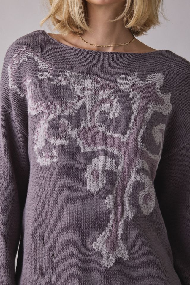 BDG Graphic Distressed Cotton Blend Oversized Boatneck Sweater #1