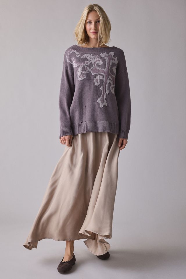 BDG Graphic Distressed Cotton Blend Oversized Boatneck Sweater #4