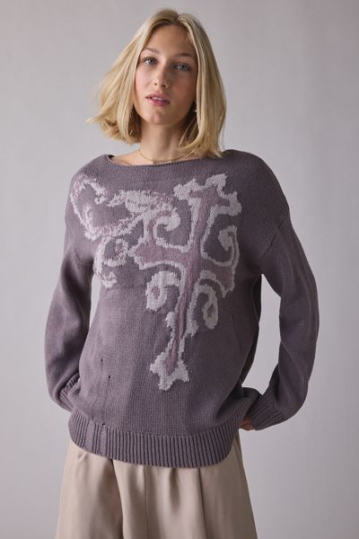 BDG Graphic Distressed Cotton Blend Oversized Boatneck Sweater