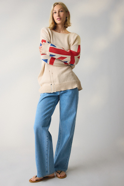 BDG Graphic Distressed Cotton Blend Oversized Boatneck Sweater