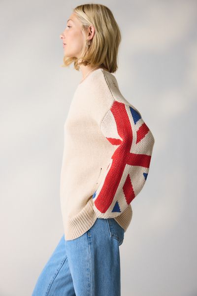 BDG Graphic Distressed Cotton Blend Oversized Boatneck Sweater