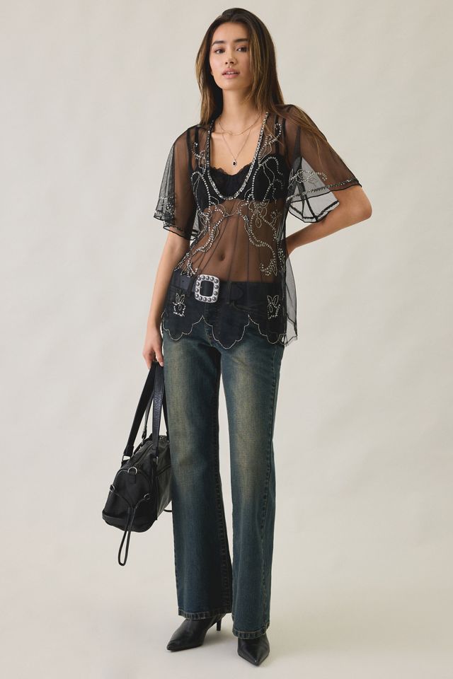 UO Ioni Sheer Mesh Beaded Tunic Top #1
