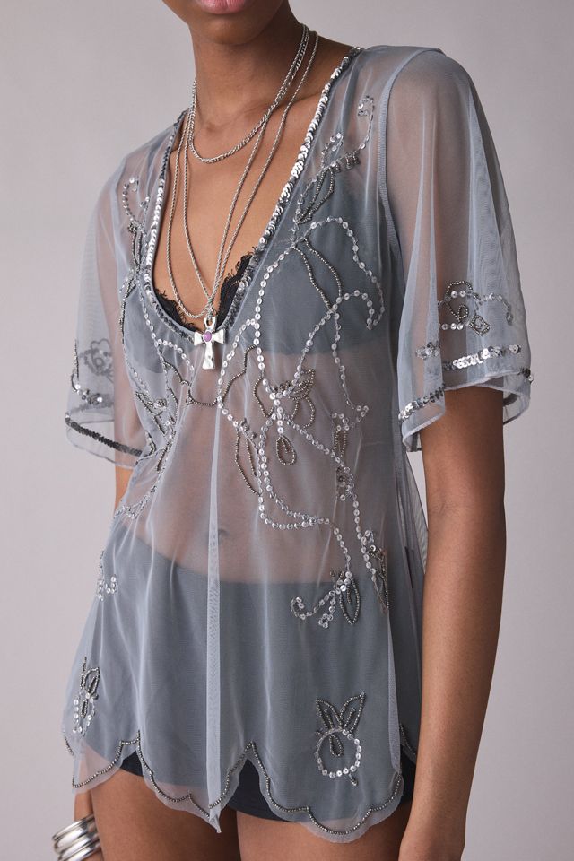 UO Ioni Sheer Mesh Beaded Tunic Top #1