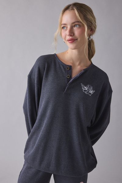 Boys Lie Read Receipts Graphic Charcoal Waffle Knit Pullover Top In Grey, Women's At Urban Outfitters In Gray