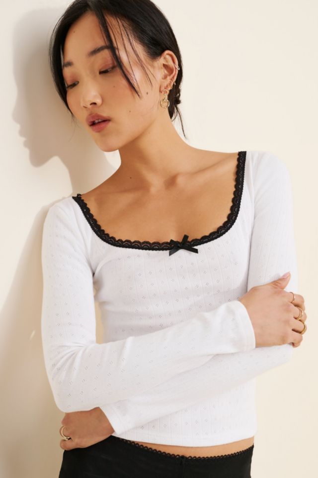 Glamorous Contrast Stitch Pointelle Long Sleeve Top #2