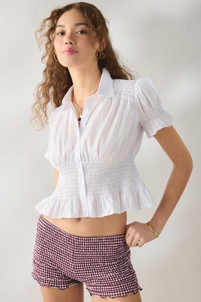 UO Jess Smocked Peplum Short Sleeve Button-Up Shirt