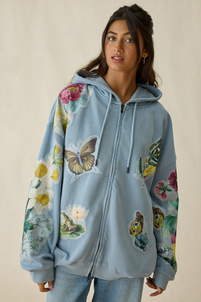 BDG Dusty Blooming Butterflies Patchwork Graphic Oversized Zip-Up