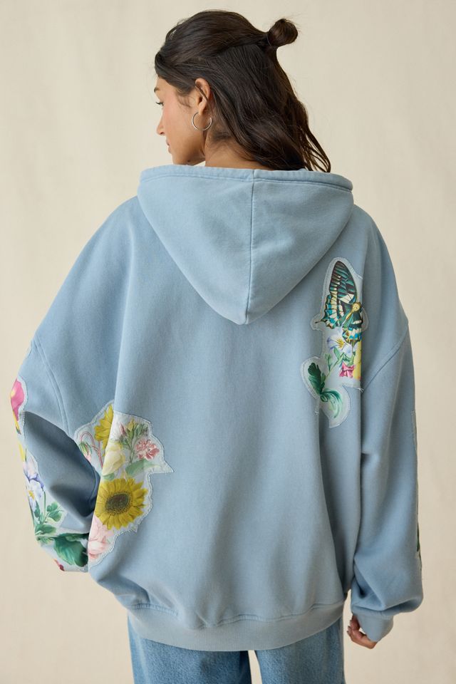 BDG Dusty Blooming Butterflies Patchwork Graphic Oversized Zip-Up Hoodie Sweatshirt #1