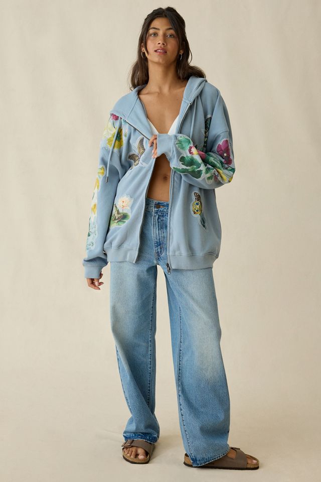 BDG Dusty Blooming Butterflies Patchwork Graphic Oversized Zip-Up Hoodie Sweatshirt #2