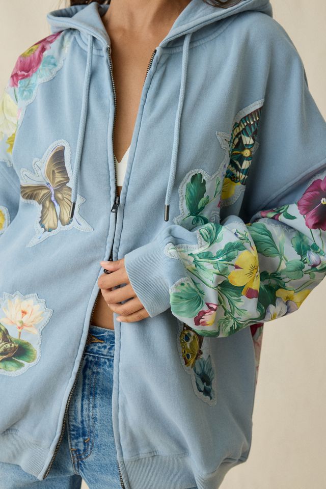 BDG Dusty Blooming Butterflies Patchwork Graphic Oversized Zip-Up Hoodie Sweatshirt #3
