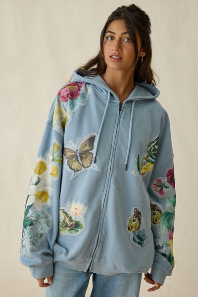 BDG Dusty Blooming Butterflies Patchwork Graphic Oversized Zip-Up Hoodie Sweatshirt
