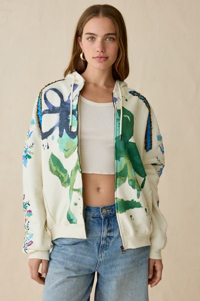 BDG Dusty Embellished Bloom Graphic Oversized Zip-Up Hoodie Sweatshirt