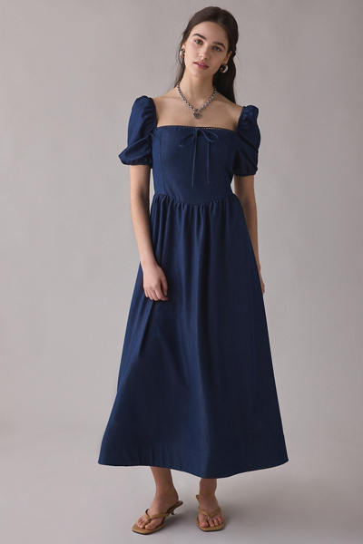 slate blue dress midi Blue Long Sleeve V-Neck Micro Ruffle Midi Dress