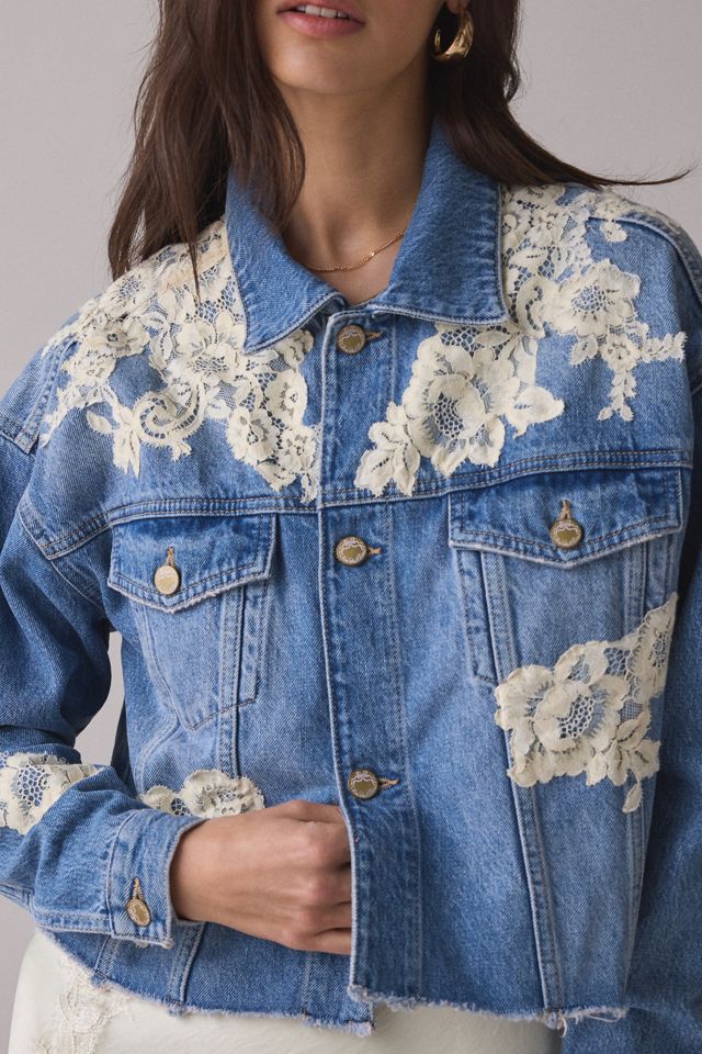 LoveShackFancy Amana Lace Appliqué Denim Jacket #1