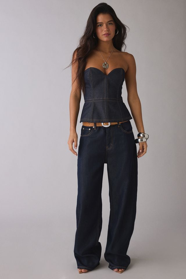 Glamorous Denim Strapless Peplum Bustier Top | Urban Outfitters