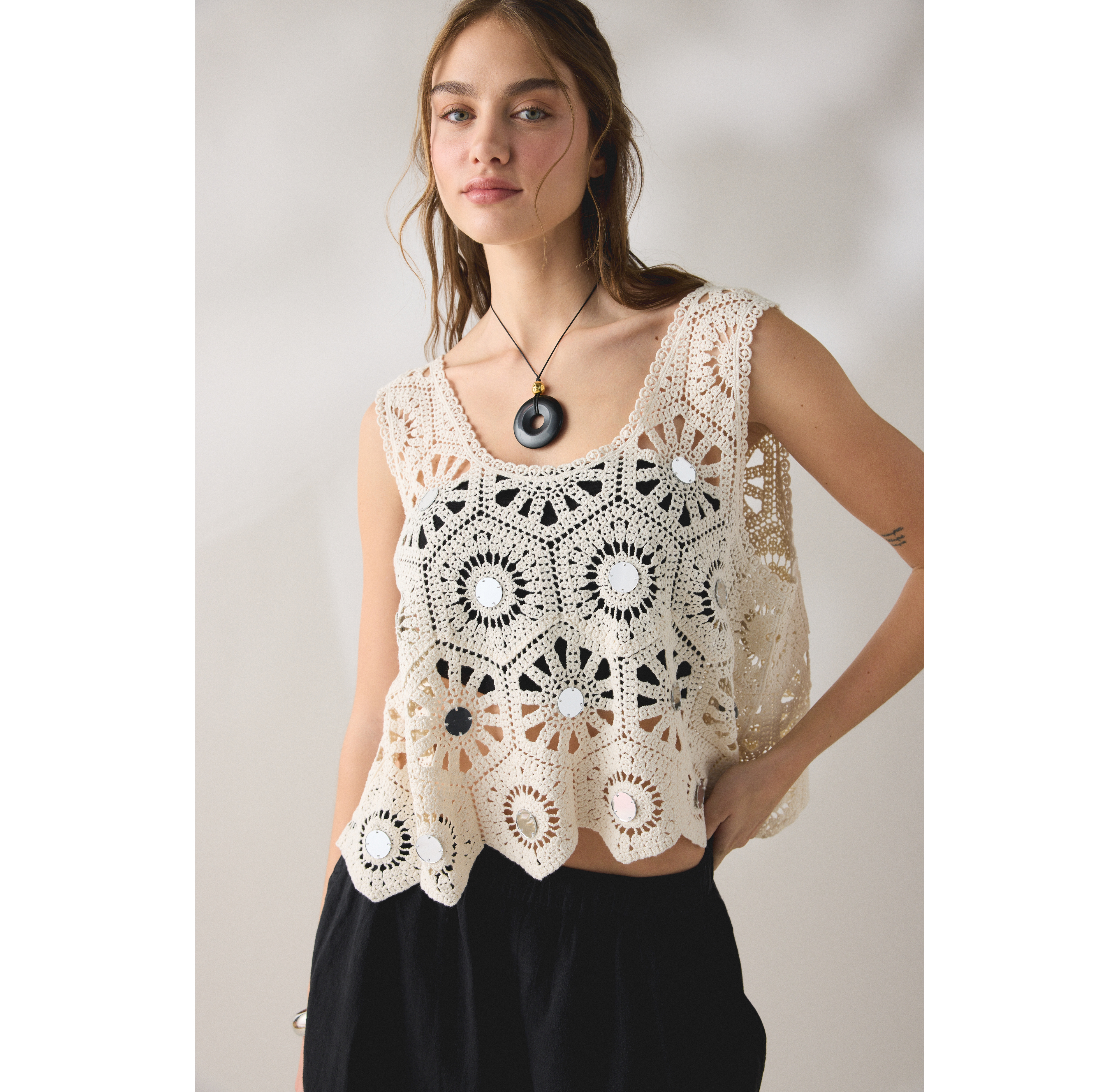 Glamorous Clover Sheer Crochet Crop Top
