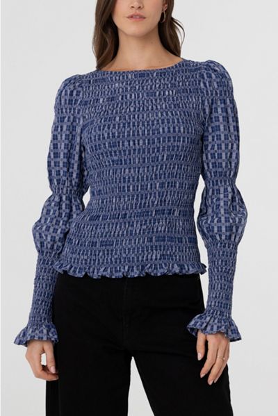 Amy Lynn Iris Pure Cotton Plaid Smocked Top