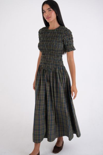 Amy Lynn Beatrix Pure Cotton Smocked Plaid Midi Dress