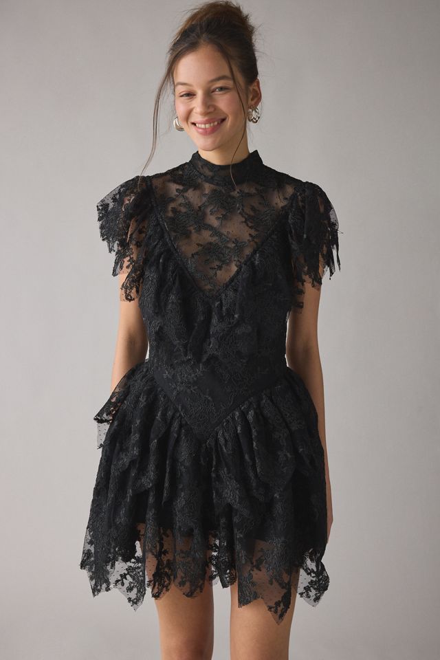 Bardot Tarryn Ruffle Basque Waist Lace Mini Dress | Urban Outfitters