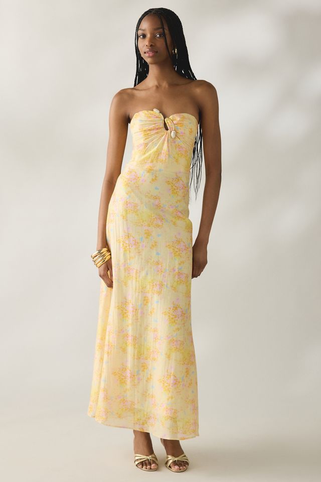 yellow strapless maxi dress Shona Joy - La Lune Ruched Bodice - Lemon Model wears XSLength from shoulder to hem Yellow Strapless Maxi Dress Elegant