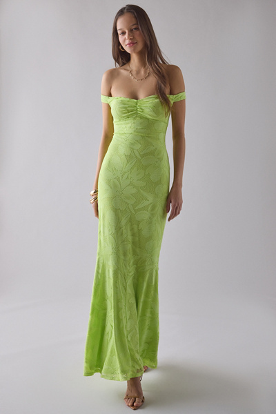 green emerald velvet dress Zene Cut-Out Off-Shoulder Crop Top in Lime Green main image 0