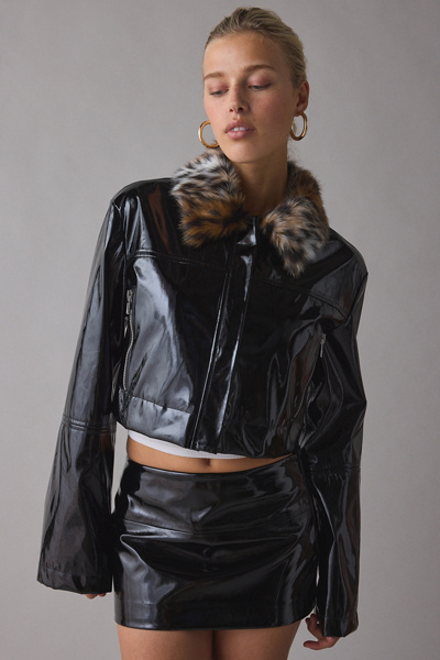 BY.DYLN Lenni Cropped Faux Fur Trim Coated Leather Jacket