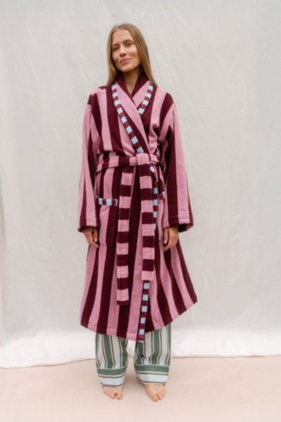 Tbco Striped Cotton Bath Robe In Burgundy Stripe, Women's At Urban Outfitters In Burgundy
