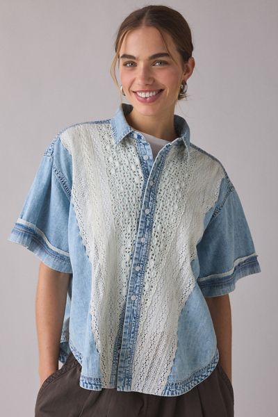 BDG Caught In The Feeling Lace + Denim Short Sleeve Button-Up Shirt