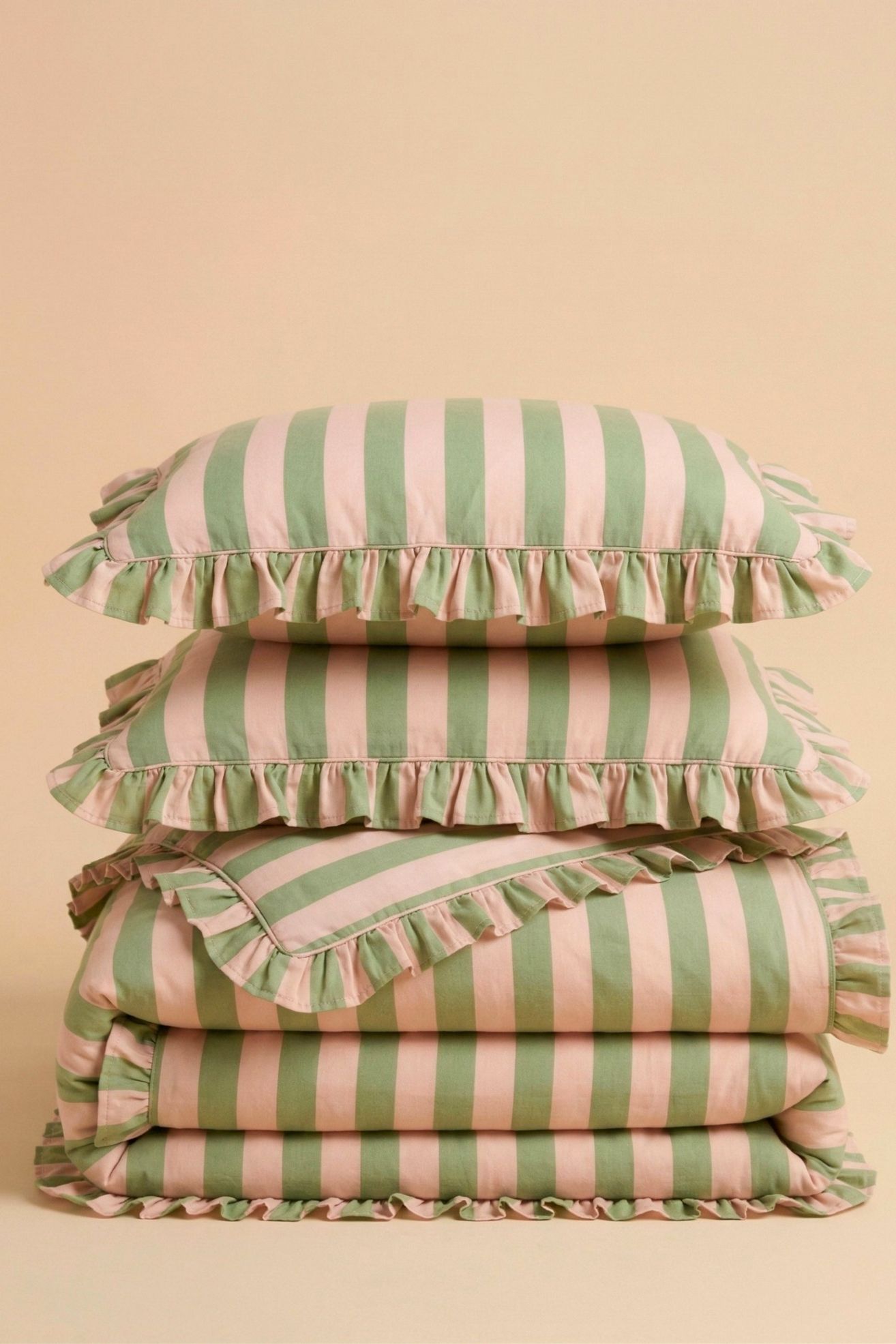 TBCo Cotton Ruffle Duvet Bedding Set - Green Stripe
