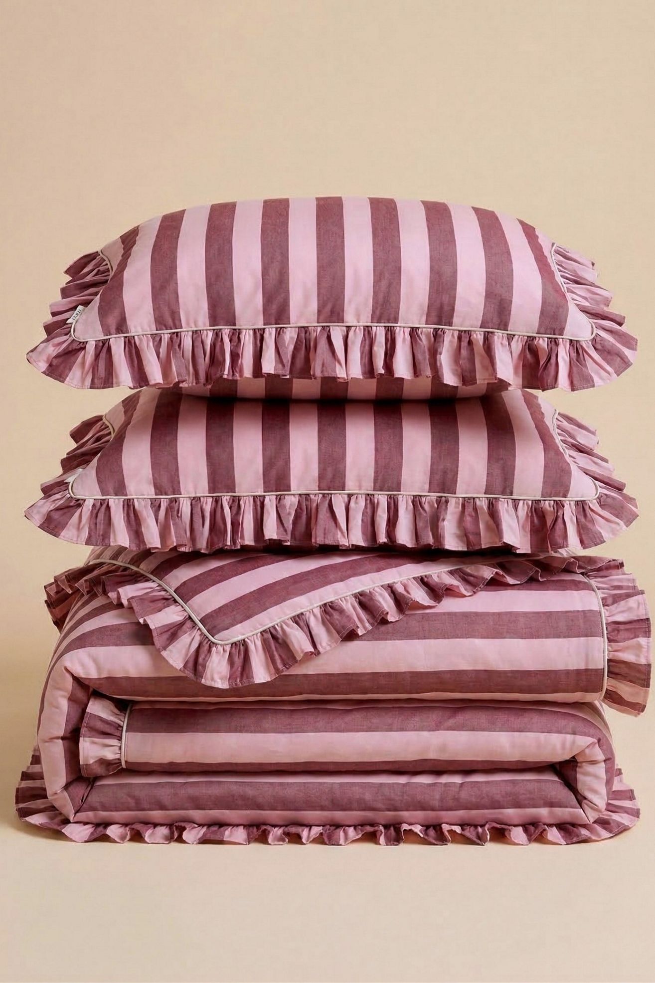 TBCo Cotton Ruffle Duvet Bedding Set - Pink & Burgundy Stripe, KING