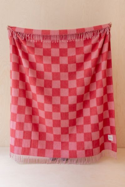 Tbco Recycled Checkered Wool Throw Blanket In Pink/red Checkerboard At Urban Outfitters In Red