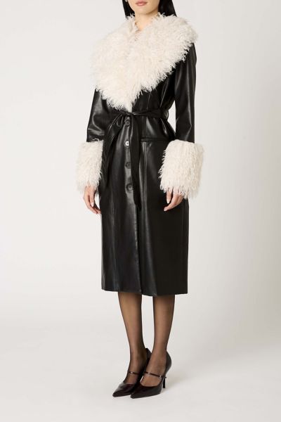 NIA Orla Black Faux Leather Mid-Length Faux Fur Trim Jacket