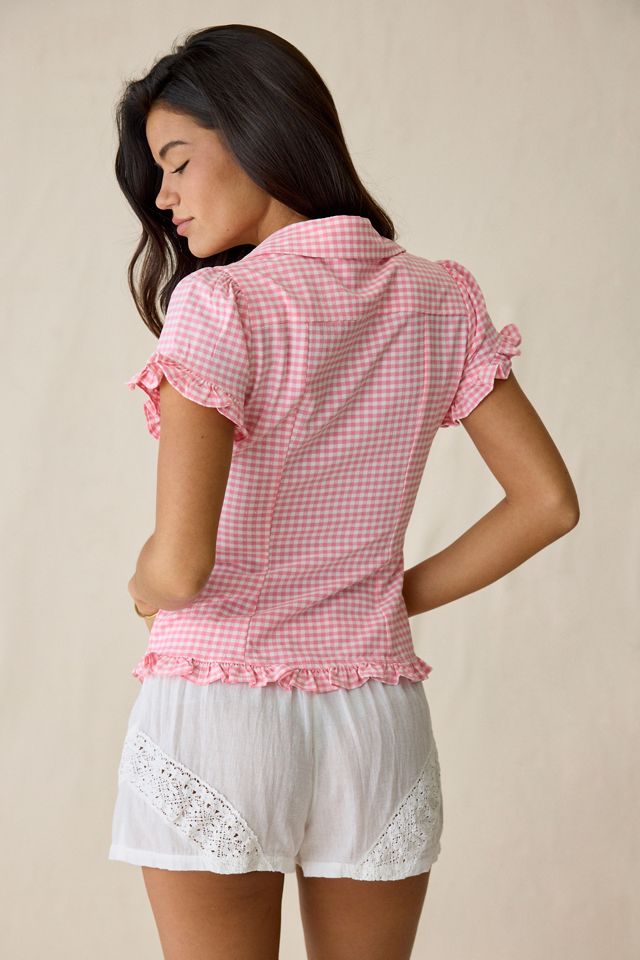 Chemise Kimchi Blue Rebecca à volants, devant fendu, coupe ajustée, manches courtes et boutonnée #3
