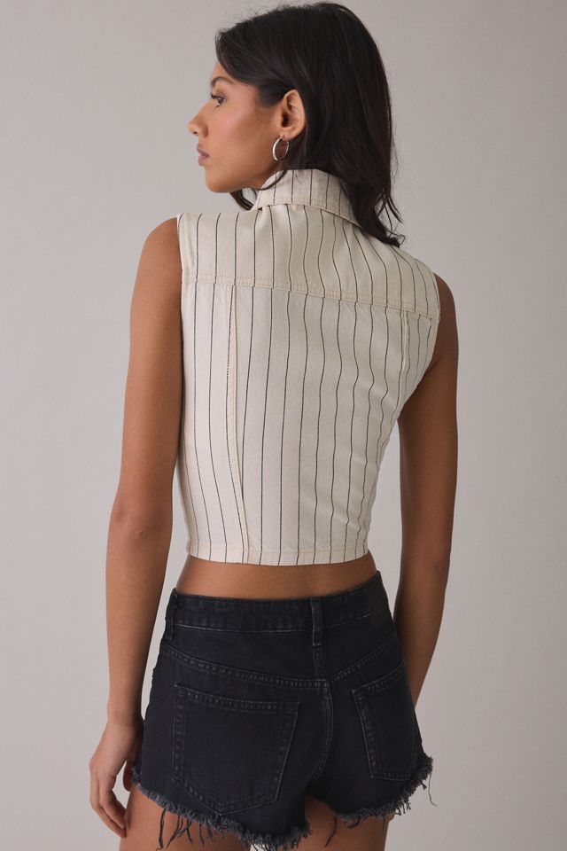 GUESS JEANS Striped Denim Sleeveless Cropped Shirt #2