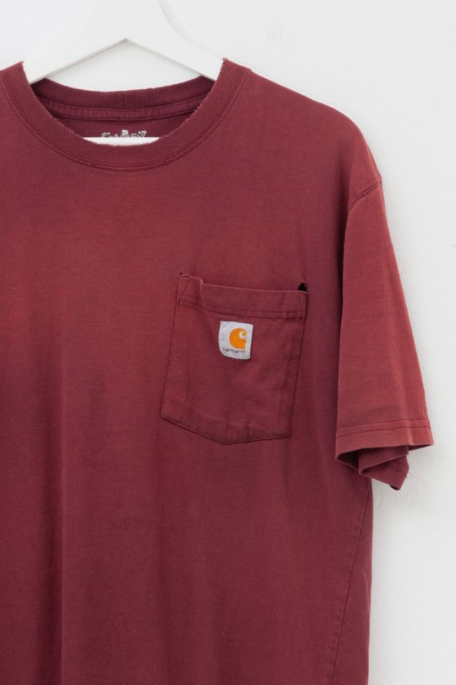Vintage Y2K Distressed Carhartt Maroon Red Logo Pocket T-Shirt #1
