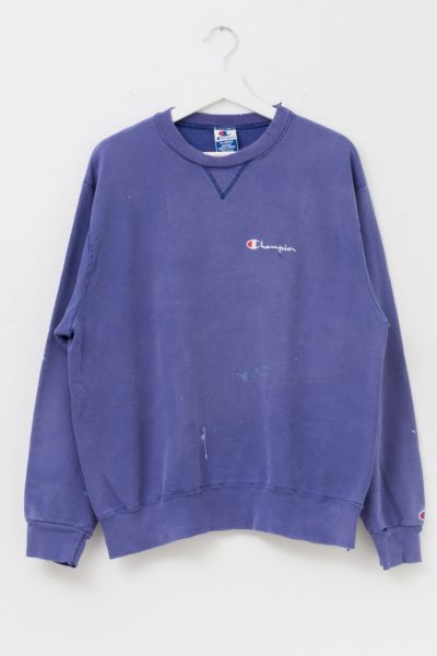Vintage 1990s Distressed Champion Embroidered Logo V-Stitch Purple Crewneck Sweatshirt Made in USA