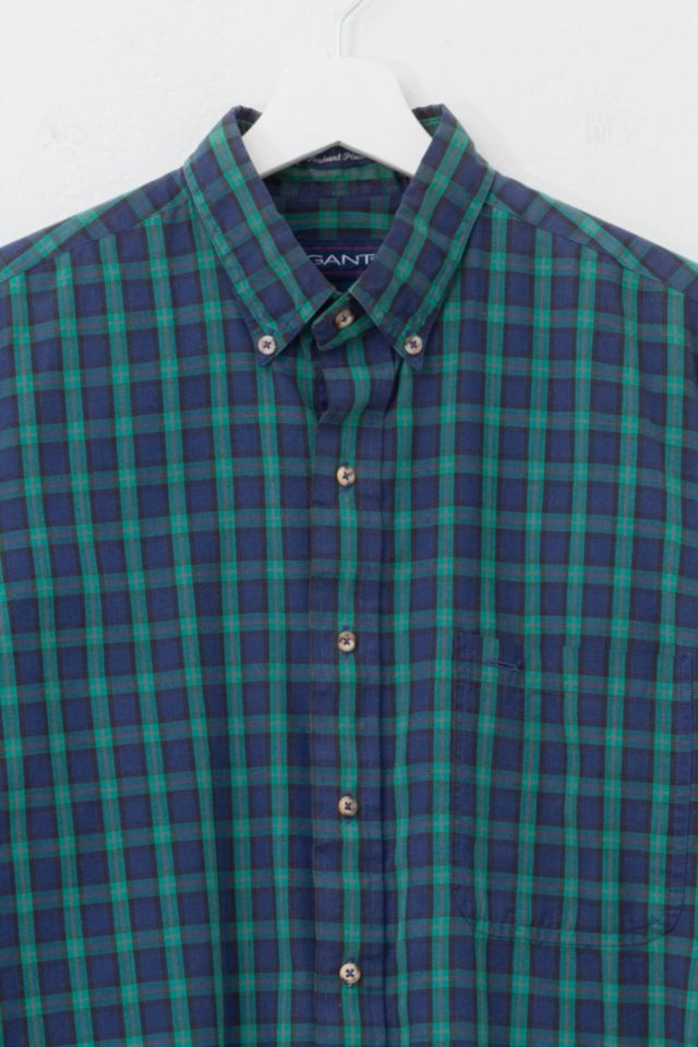 Vintage 1990s Gant Foxhunt Plaid Green Blue Button Up Shirt #1
