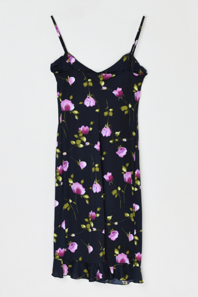 Vintage Y2k Black & Pink Printed Ruffled Midi Dress