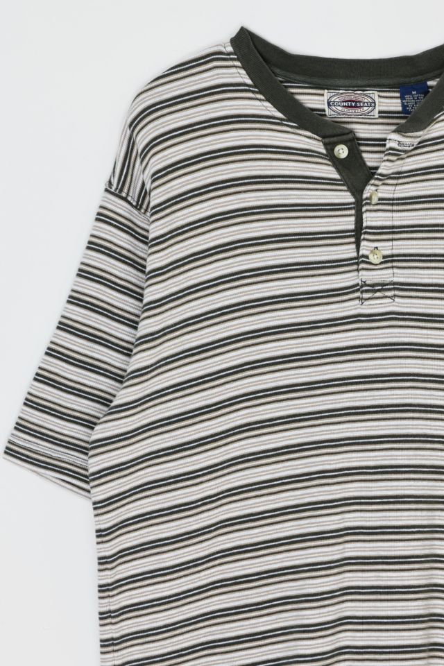 Vintage 90s Olive & Tan Striped Button-Neck T-Shirt #1