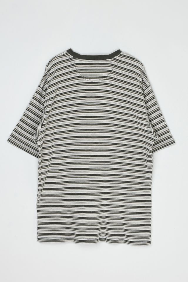 Vintage 90s Olive & Tan Striped Button-Neck T-Shirt #3