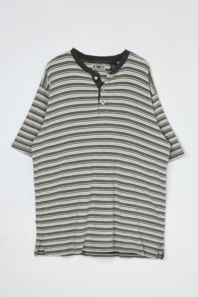 Vintage 90s Olive & Tan Striped Button-Neck T-Shirt