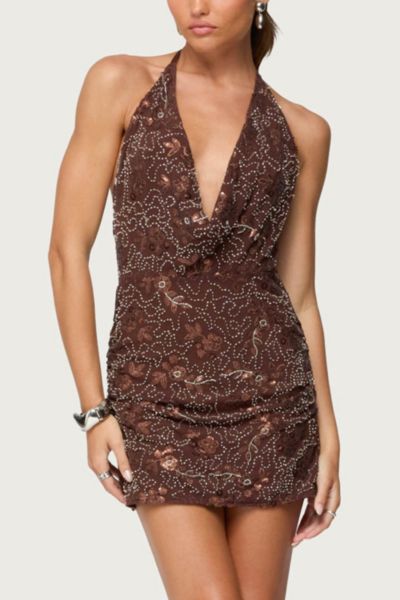 Edikted Beaded Cowl Neck Halter Mini Dress In Brown, Women's At Urban Outfitters In Brown